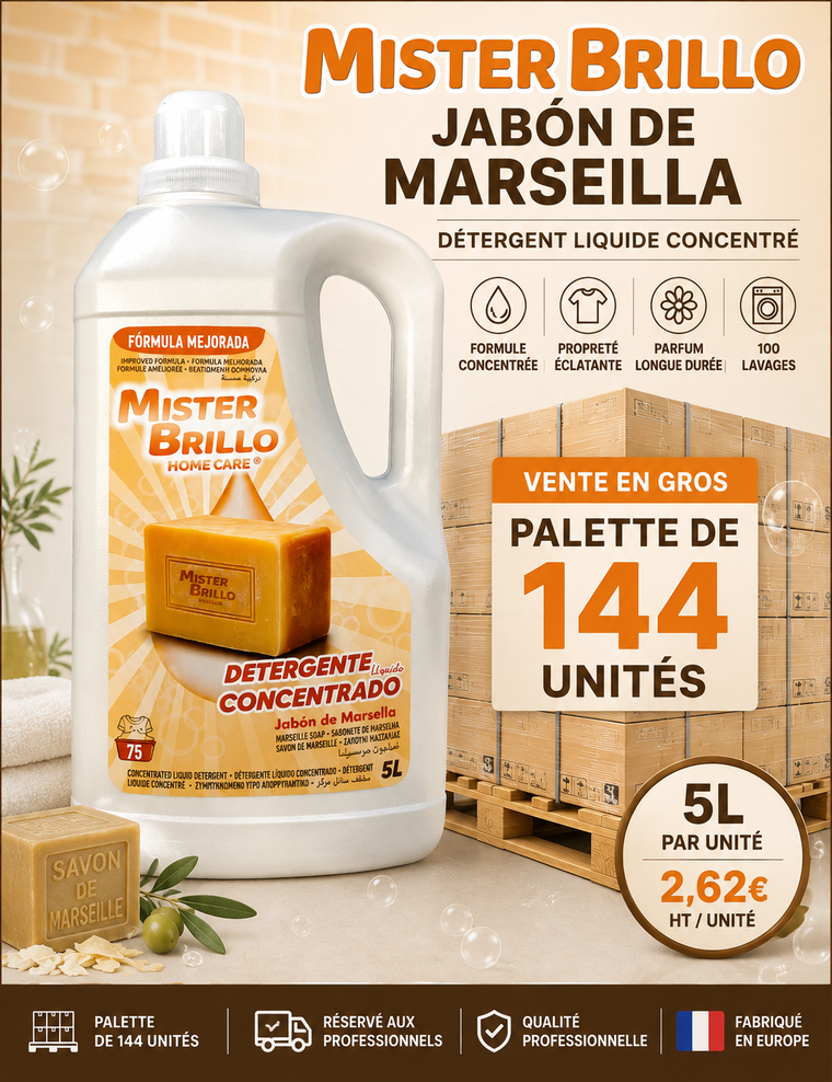 Palette de 144 UN Détergent Marseille 5L à 2,62€/un - Mister Brillo
