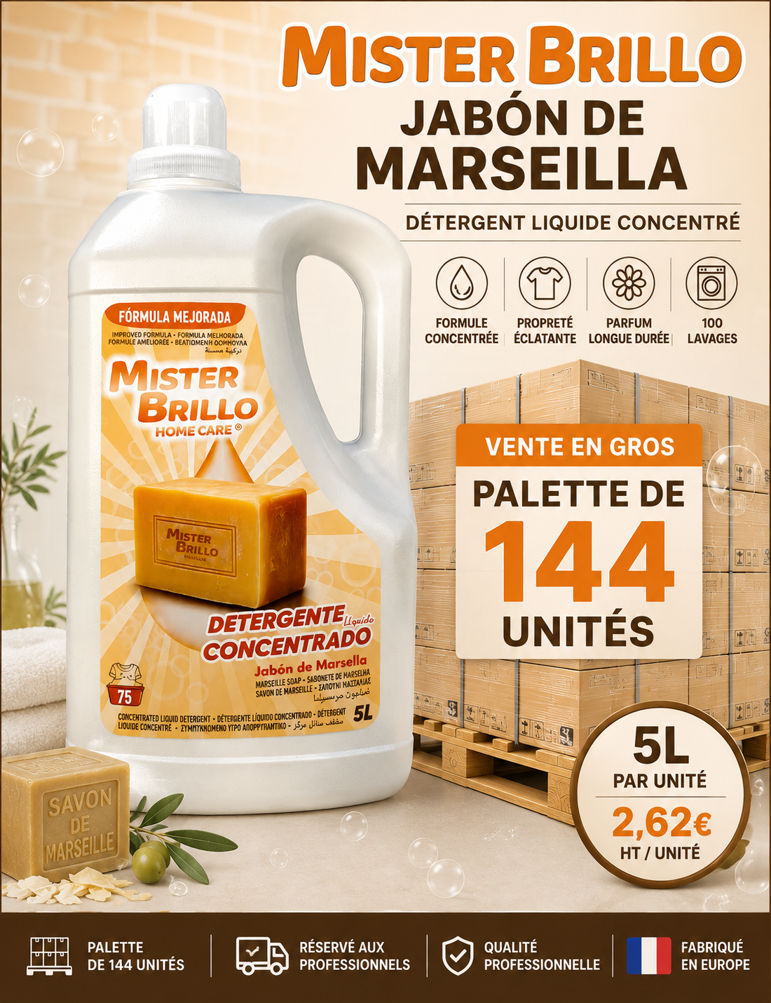 Palette de 144 UN Détergent Marseille 5L à 2,62€/un - Mister Brillo