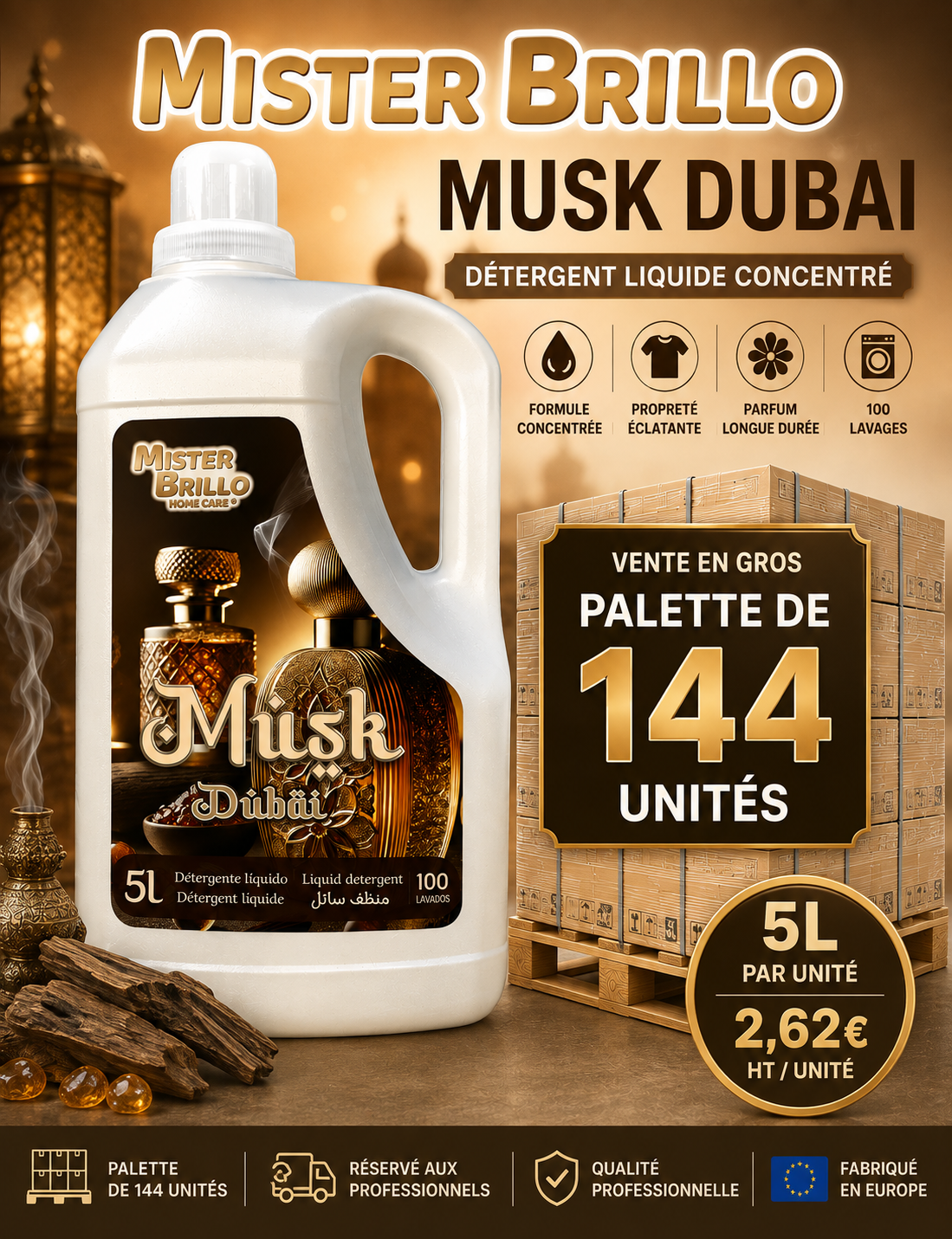Palette de 144 UN Détergent Musk Dubai 5L à 2,62€/un - Mister Brillo