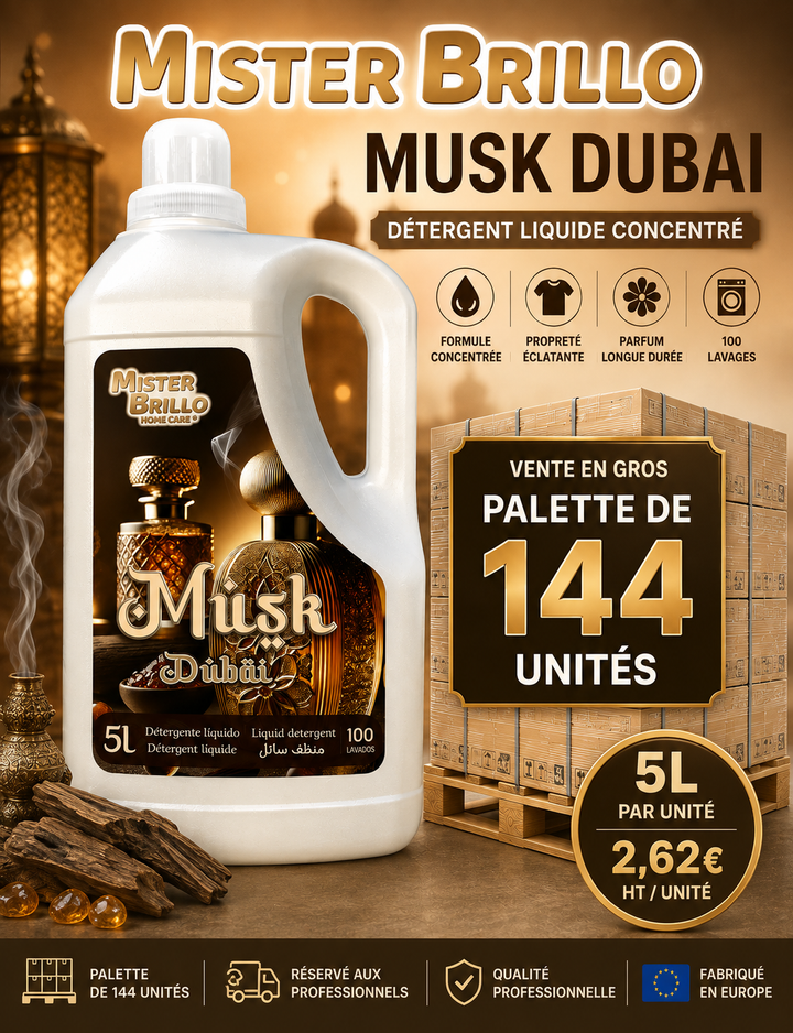 Palette de 144 UN Détergent Musk Dubai 5L à 2,62€/un - Mister Brillo